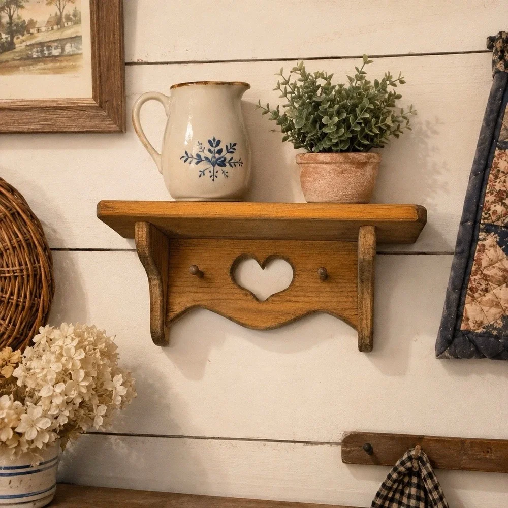 Vintage 1980s Pine Heart Wall Shelf 2 Pegs Grannycore Country Cottage Decor 15x6